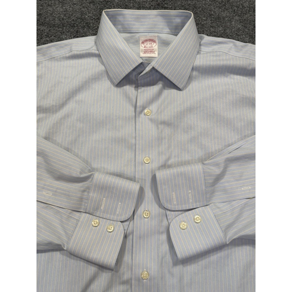 Brooks Brothers Dress Shirt Mens 17 Blue Stripe Madison Non-Iron Long Sleeve